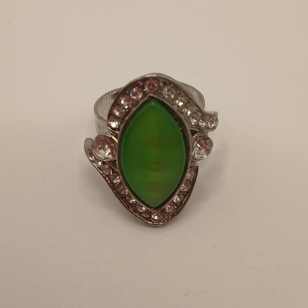 Silver Tone Clear Crystal W/ Green Acrylic Stone Adjustable Ring